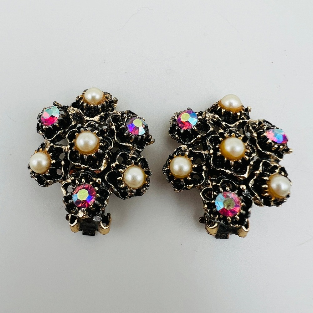Vintage Faux Pearl Aurora Borealis Earrings Rhinestone Floral Clip On Gold Tone
